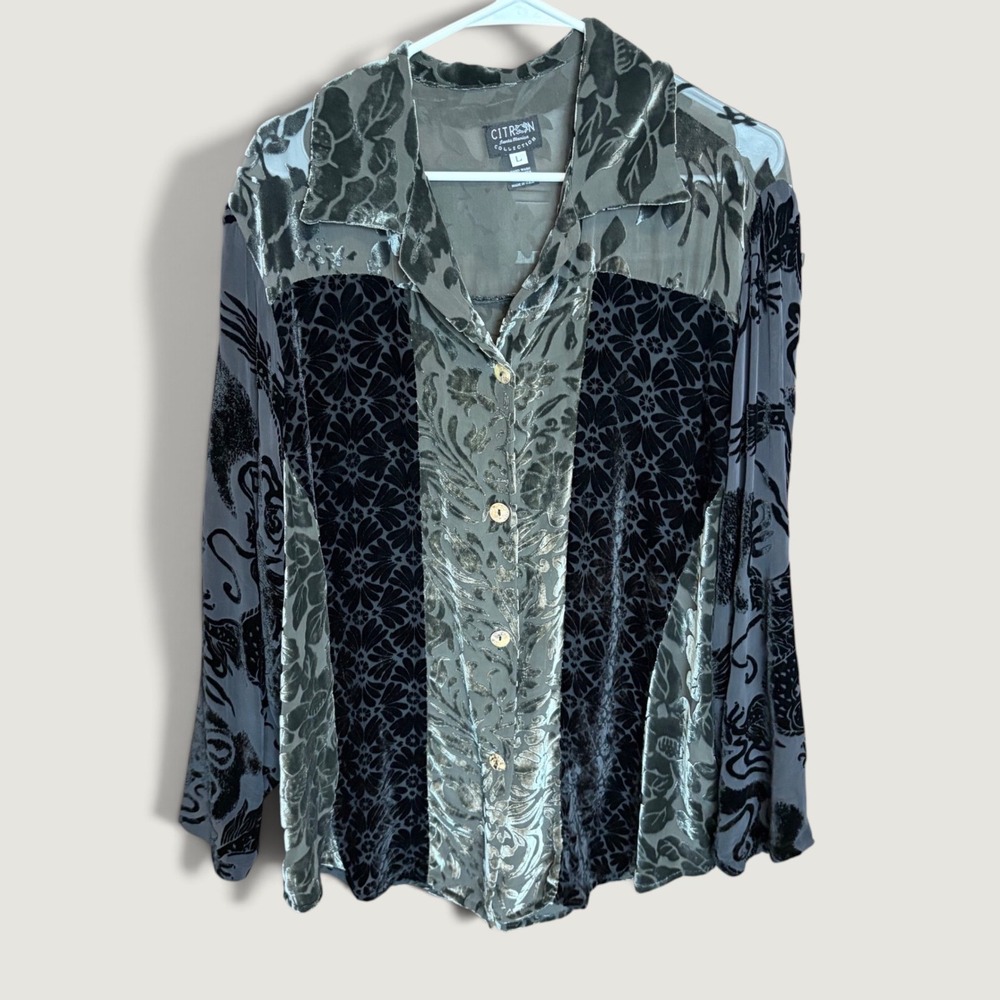VTG Y2K L Citron Santa Monica Whimsigoth Burnout Velvet Silk Blend Floral Blouse